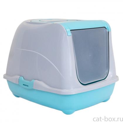 Туалет-домик для кошек с дверцей и совочком, 50*38*h37см, бирюзовый-0