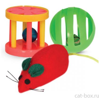Набор игрушек для кошек: мяч, мышь, барабан-0