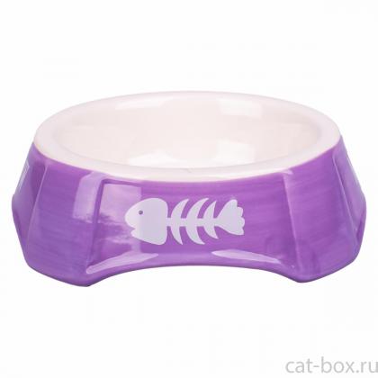Миска керамическая для кошек фиолетовая с рыбками, 140мл-0