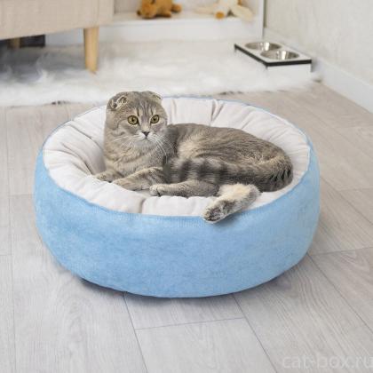 Лежак круглый пухлый БУБЛИК 48*48*18см (плюш, микрошенилл, синтепух) голубой-0