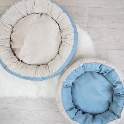 Лежак круглый пухлый БУБЛИК 48*48*18см (плюш, микрошенилл, синтепух) голубой-2