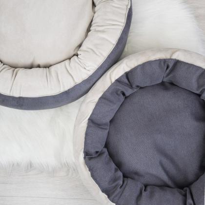 Лежак круглый пухлый БУБЛИК 57*57*21см (плюш, микрошенилл, синтепух) серый-4