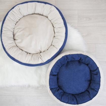 Лежак круглый пухлый БУБЛИК 57*57*21см (плюш, микрошенилл, синтепух) синий-1
