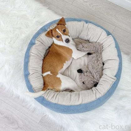 Лежак круглый пухлый БУБЛИК 57*57*21см (плюш, микрошенилл, синтепух) голубой-0