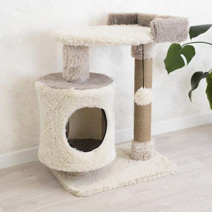 Домик-когтеточка ТАФФИ 3х-уровневый разборный 63*41*h76см (пушистый мех, джут) коричневый-1