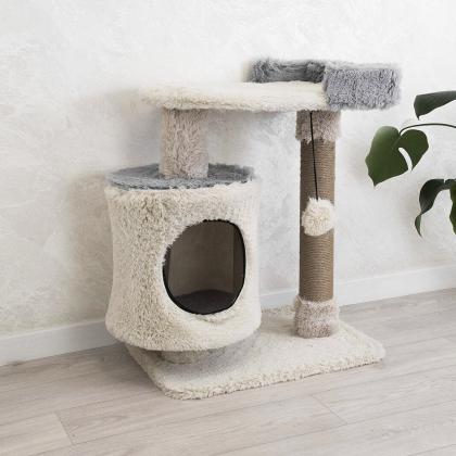 Домик-когтеточка ТАФФИ 3х-уровневый разборный 63*41*h76см (пушистый мех, джут) серый-2