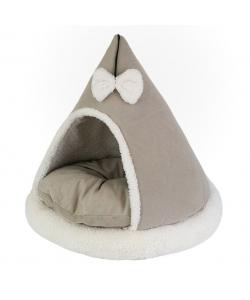 Домик-лежак ТЕНДА конусный с бантиком 46*46*47см (вельвет, мех, поролон, синтепух) бежевый