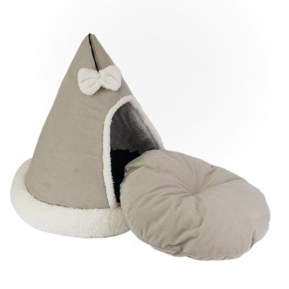 Домик-лежак ТЕНДА конусный с бантиком 46*46*47см (вельвет, мех, поролон, синтепух) бежевый-1