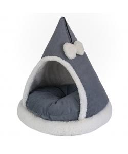 Домик-лежак ТЕНДА конусный с бантиком 46*46*47см (вельвет, мех, поролон, синтепух) серый