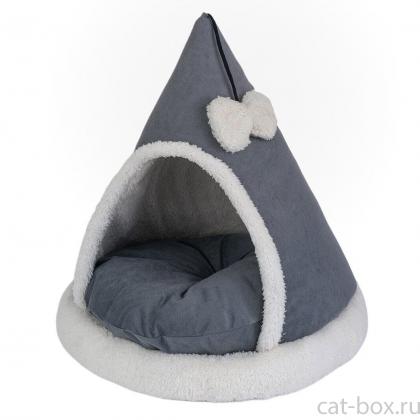 Домик-лежак ТЕНДА конусный с бантиком 46*46*47см (вельвет, мех, поролон, синтепух) серый-0