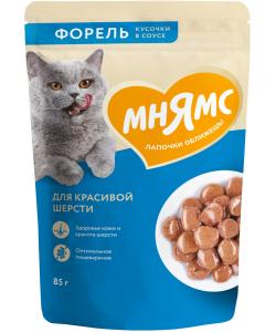 Кусочки в соусе с форелью для красивой шерсти кошек пауч, 85г