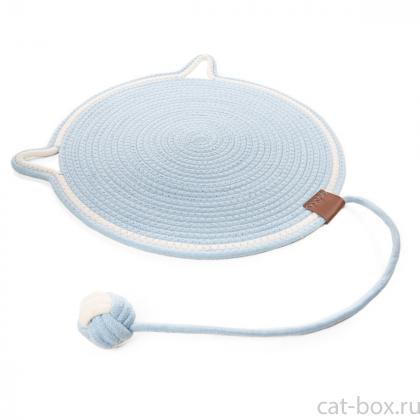 Когтеточка-коврик из хлопкового шнура с шариком "Ушки", голубая, 40*40см-0