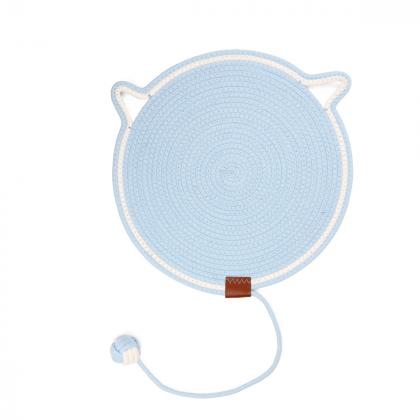 Когтеточка-коврик из хлопкового шнура с шариком "Ушки", голубая, 40*40см-1