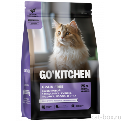 Беззерновой корм для котят и кошек всех возрастов с курицей, индейкой, лососем и уткой, GRAIN FREE ADULT 4 Meat Recipe, 0.4кг-0