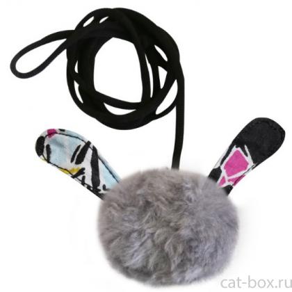 Игрушка для кошек ушастик на эластичном шнуре 8 см иск.мех/текстиль (набор 6 шт)-0
