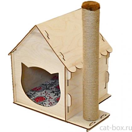 Комплекс Дом с резной крышей со столбиком фанера+лён джут 34х34х52 см-0