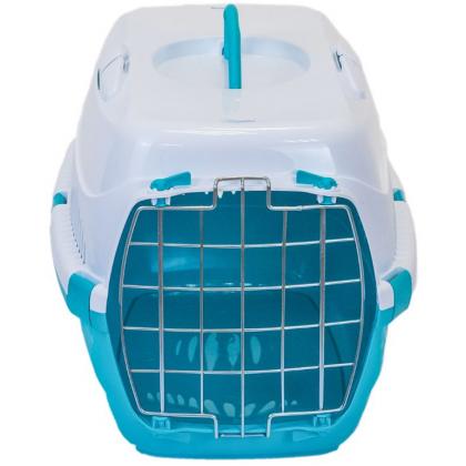 Переноска пластиковая СПУТНИК-1 с металлической дверцей 43*29*27,5см, бирюзовый низ/белый верх-1