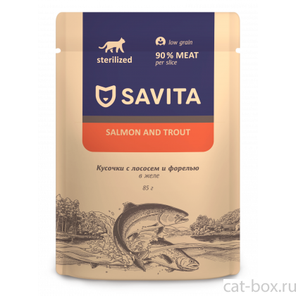 Паучи для стерилизованных кошек: с лососем и форелью в желе, 85г-0