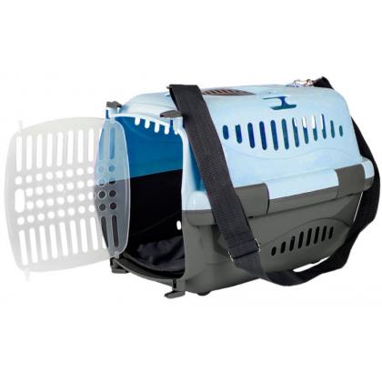 Переноска для животных "Турне" с прозрачной пластиковой дверцей (коврик+ремень), 48*32*32см, голубая-3