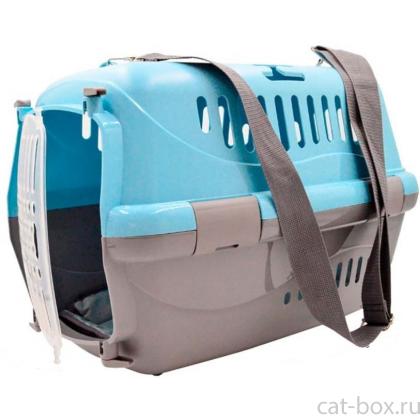 Переноска для животных "Турне" с прозрачной пластиковой дверцей (коврик+ремень), 48*32*32см, голубая-0