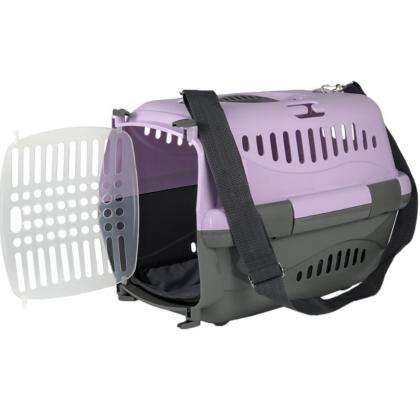 Переноска для животных "Турне" с прозрачной пластиковой дверцей (коврик+ремень), 48*32*32см, фиолетовая-3