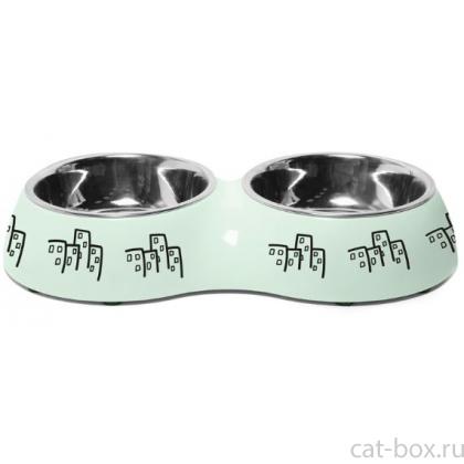 Миска металлическая двойная на пластиковой подставке "Город", 2*0,22л-0