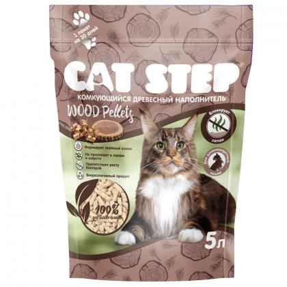 Наполнитель комкующийся растительный CAT STEP Wood Pellets 5л, 2,3кг-1