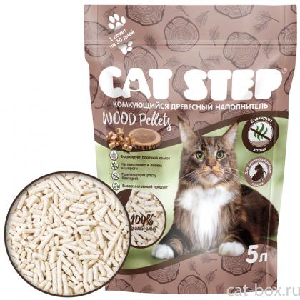 Наполнитель комкующийся растительный CAT STEP Wood Pellets 5л, 2,3кг-0