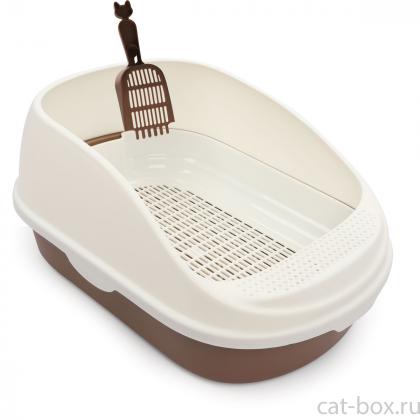 Туалет для кошек прямоугольный с бортом "Капучино" (совок и сетка в комплекте), коричневый/белый, 56*39*26см, серия HYGIENE-0