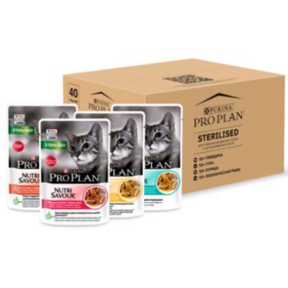 Набор паучей для кастрированных кошек 40шт по 85г (говядина в соусе, курица в соусе, утка в соусе, океаническая рыба в соусе) 3.4кг-1