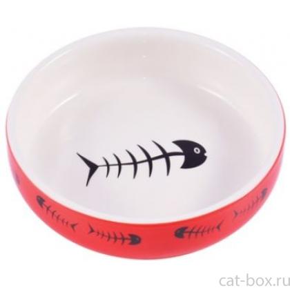 Миска керамическая, красно-белая с рыбками 300 мл-0