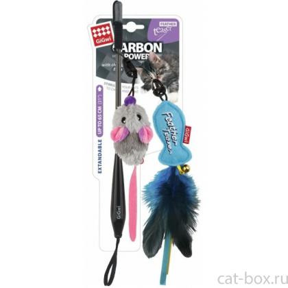 Дразнилка телескопическая с двумя насадками (рыбка + мышка) 30см, серия CARBON POWER (85011)-0