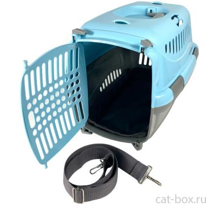 Переноска для животных "Турне" с пластиковой дверцей (коврик+ремень), 54,5*36*34см, голубая-0