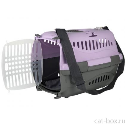 Переноска для животных "Турне" с прозрачной пластиковой дверцей (коврик+ремень), 42*29*29,5см, фиолетовая-0