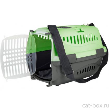 Переноска для животных "Турне" с прозрачной пластиковой дверцей (коврик+ремень), 42*29*29,5см, зеленая-0