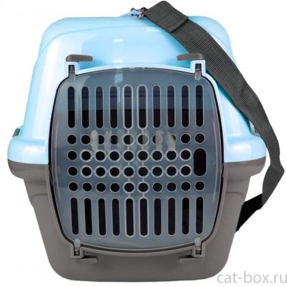 Переноска для животных "Турне" с прозрачной пластиковой дверцей, (коврик+ремень), 54,5*36*34см, голубая-0