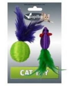 Игрушка для кошек "Мышка и мячик с перьями" 5+4см, нейлон