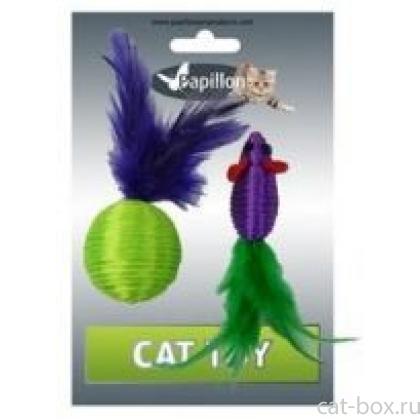 Игрушка для кошек "Мышка и мячик с перьями" 5+4см, нейлон-0