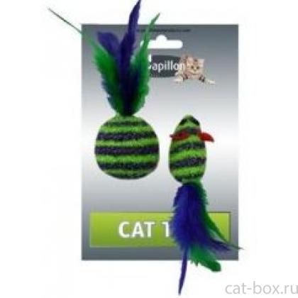 Игрушка для кошек "Мышка и мячик с перьями" 5+4см пушистые в полоску-0