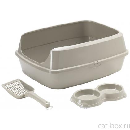 Набор для котят: совок+двойная миска+туалет-лоток с рамкой 50*38*10,8см, теплый серый-0