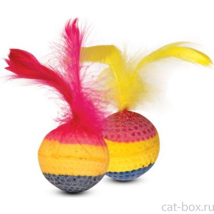 Игрушка для кошек "Мяч радужный с пером", 3,5см, 1 шт.-0
