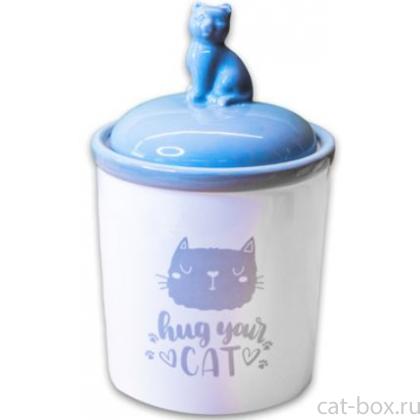 Керамический бокс "Hug your cat" для хранения корма, бело-серый 1650мл-0