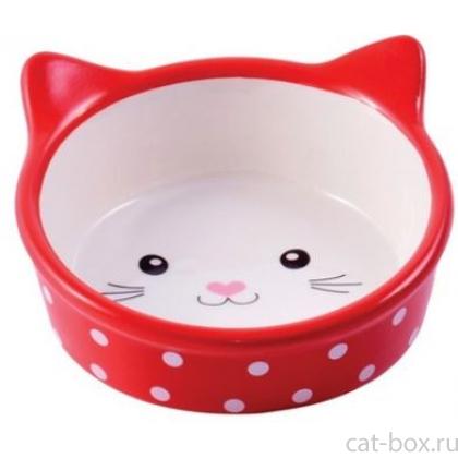 Миска "Мордочка кошки" керамическая, красная в горошек 250 мл-0