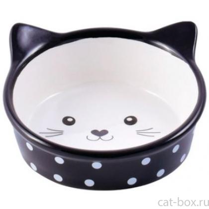 Миска " Мордочка кошки" керамическая, черная в горошек 250 мл-0