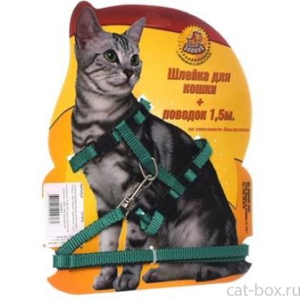 Шлейка с поводком 1,5м для кошек зеленая-0