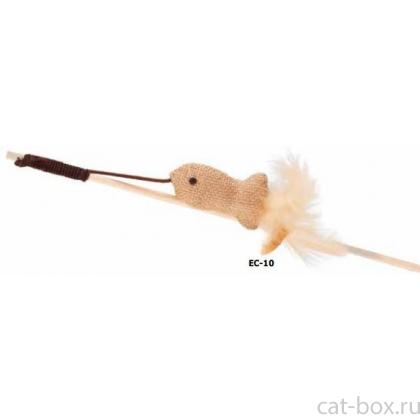 Удочка-дразнилка из джута и дерева "Птичка-рыбка" с пером 40 см (EC-10)-0