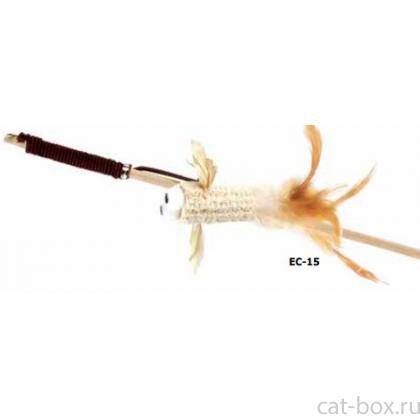 Удочка-дразнилка из кукурузы, перьев и дерева для кошек "Птичка" 40 см (EC-15)-0