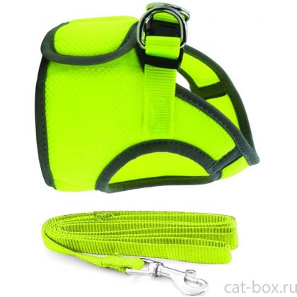 Комплект: поводок и шлейка-жилетка, обхват груди 30 см,  неоново-желтый (HL028XS)-0