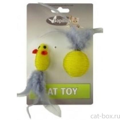 Мышка и мячик с перьями 5+4см желтые-0