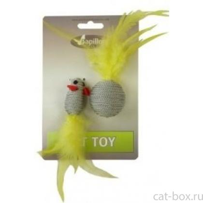 Мышка и мячик с перьями 5+4см серые -0